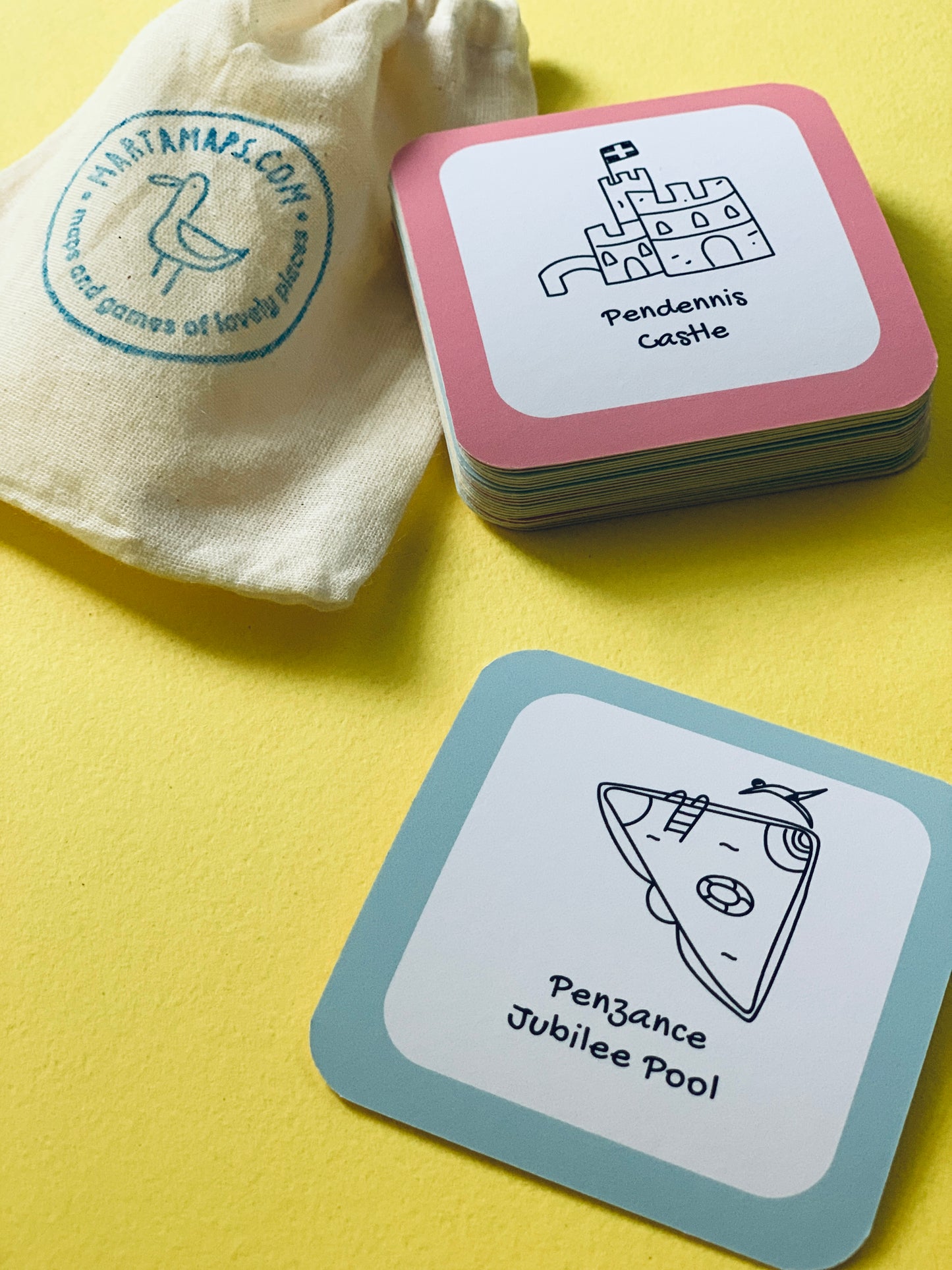 Memory game based on illustrated Cornish landmarks. Pendennis Castle Falmouth and Jubilee Pool Penzance