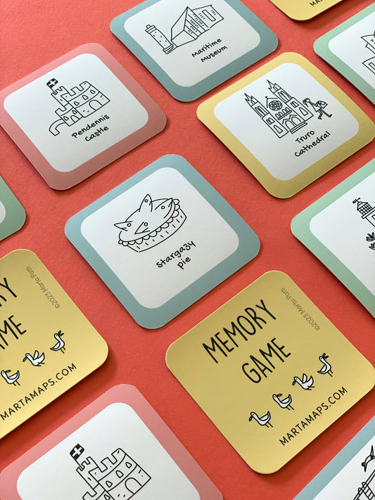Memory game Cornall cards. Pendennis Castle, Truro Cathedral, Stargazy pie illustrations.