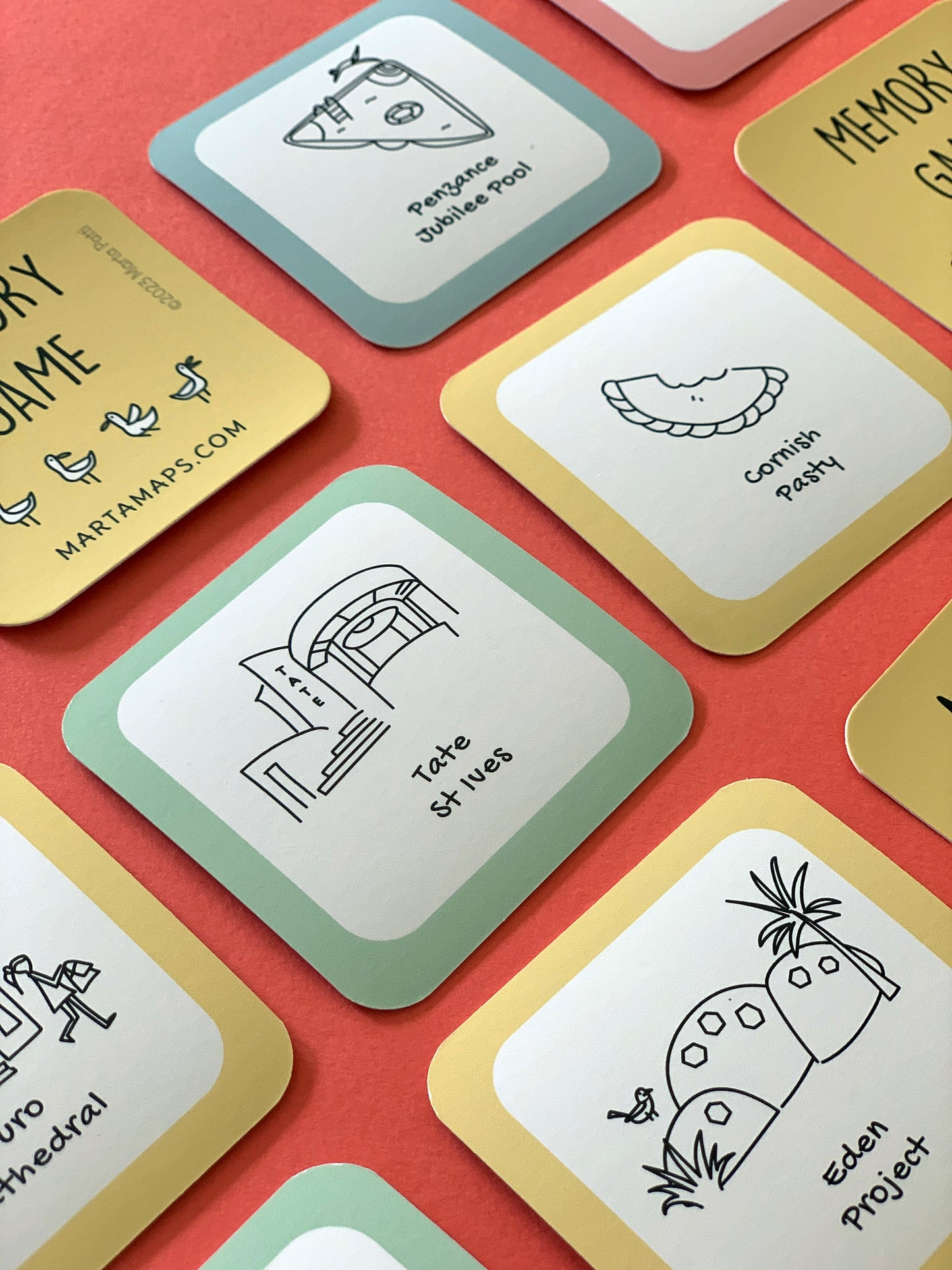 Memory game Cornall cards. Tate St Ives, Cornish pasty, Eden Project, Penzance Jubilee pool illustrations.