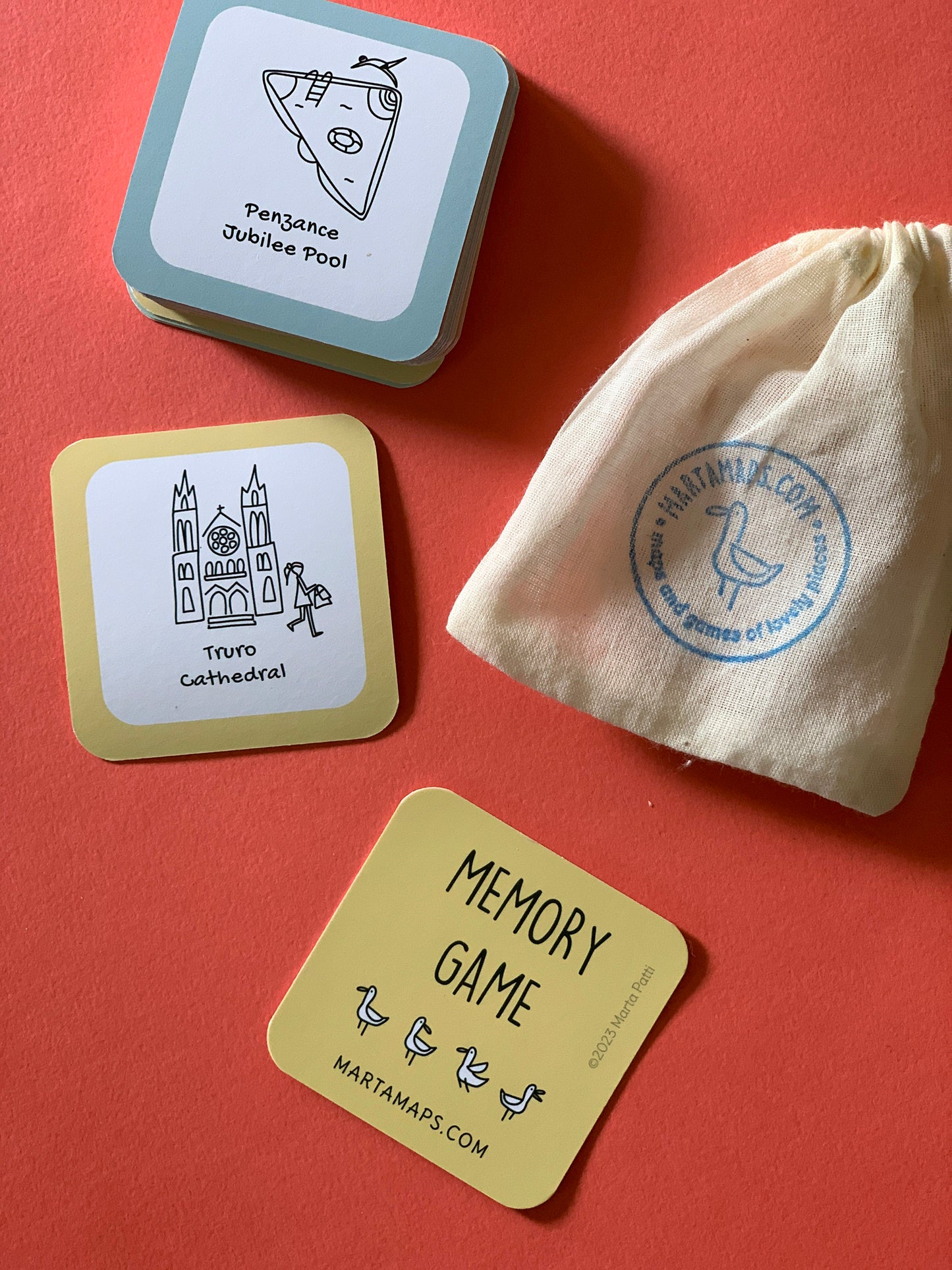 Memory game Cornall cards. Truro Cathedral, Penzance Jubilee pool illustrations.