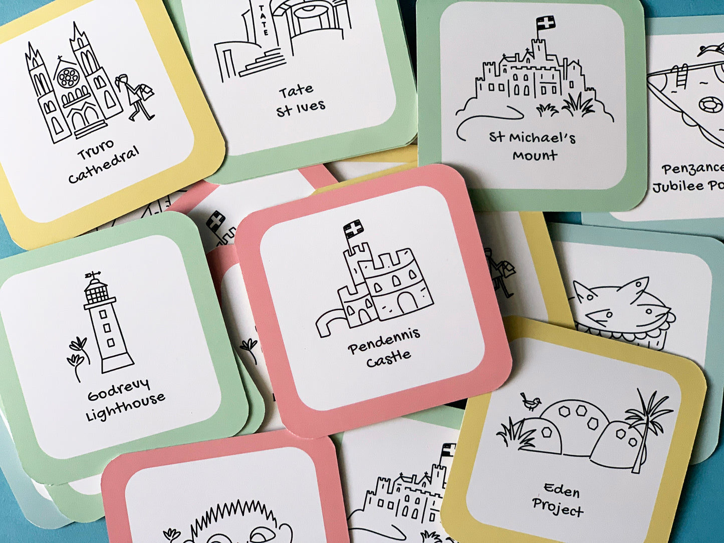Martamaps Cornwall Memory game, illustrations of St Michael Mount, Tate St Ives, Truro Cathedral, Pendennis Castle, GodrevyEden project