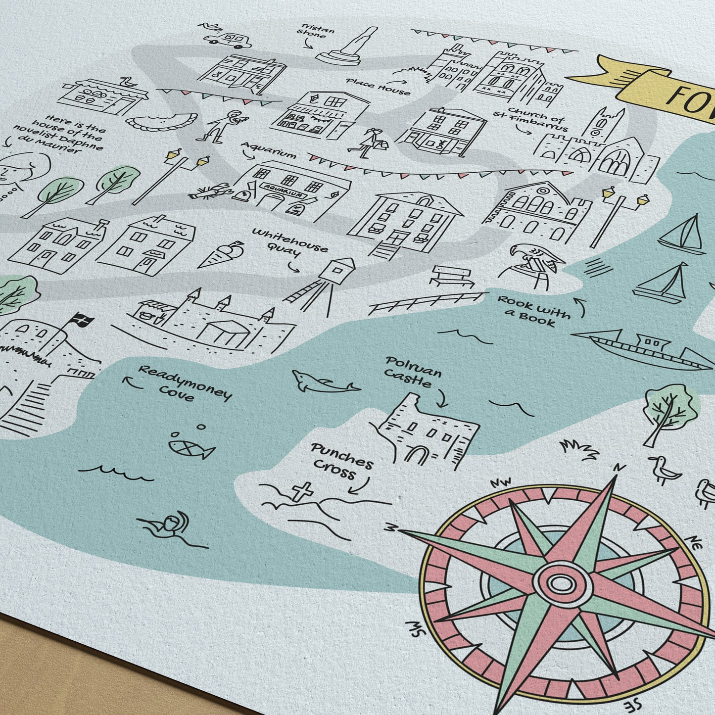 Detail of Fowey map print, Cornwall.