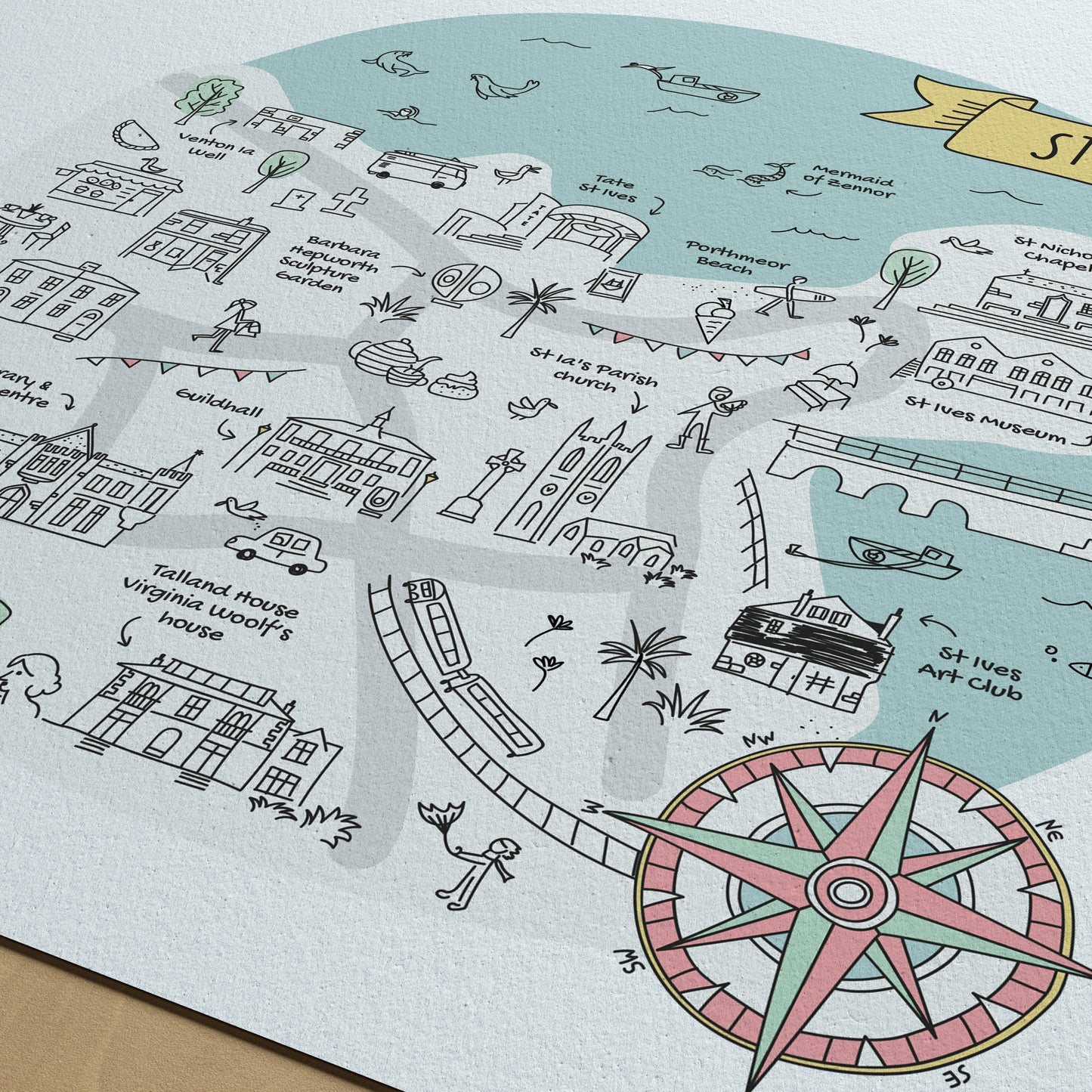 Detail of St Ives map print, Cornwall.