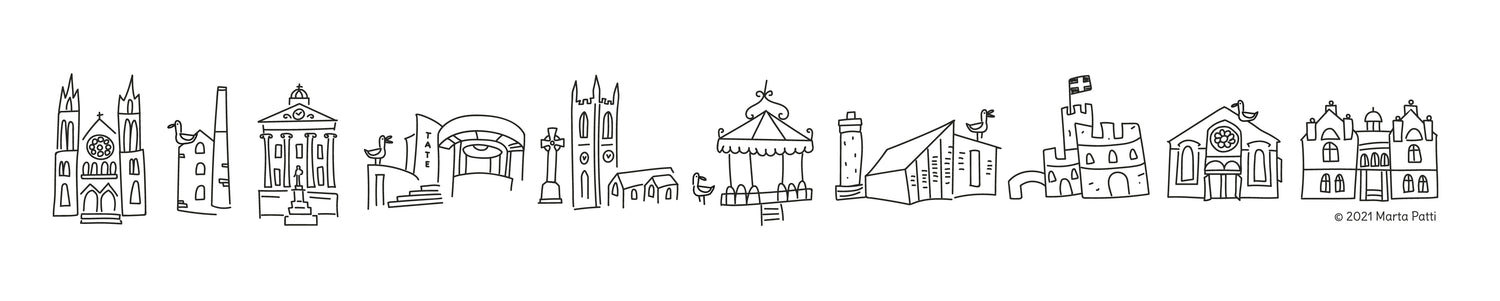 Cornish Landmarks, illustrations of Truro Catedral, Tate St Ives, Maritime Museum, Pendennis Castle, Falmouth Library