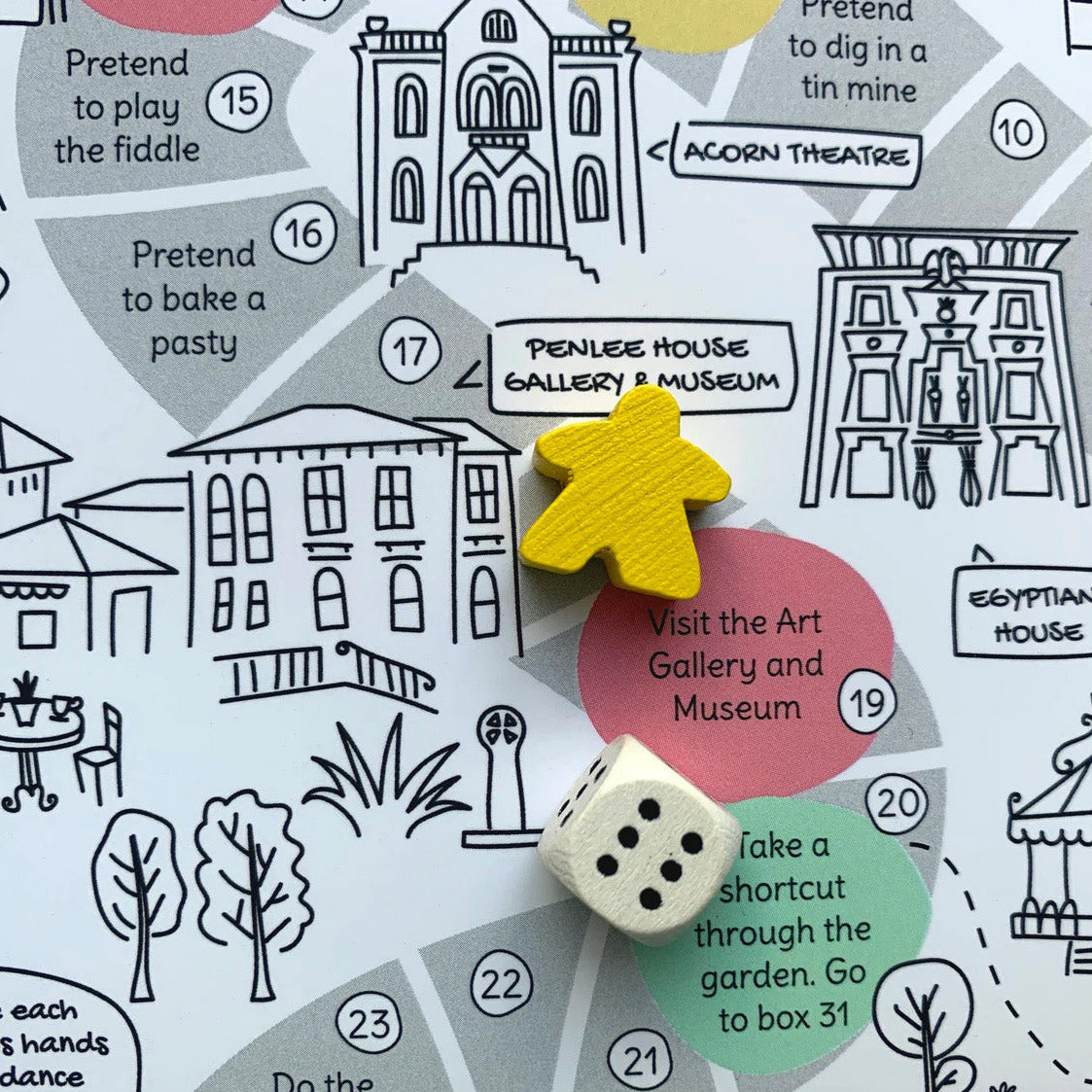 Penzance board game with wooden dice and marker. Penlee Gallery