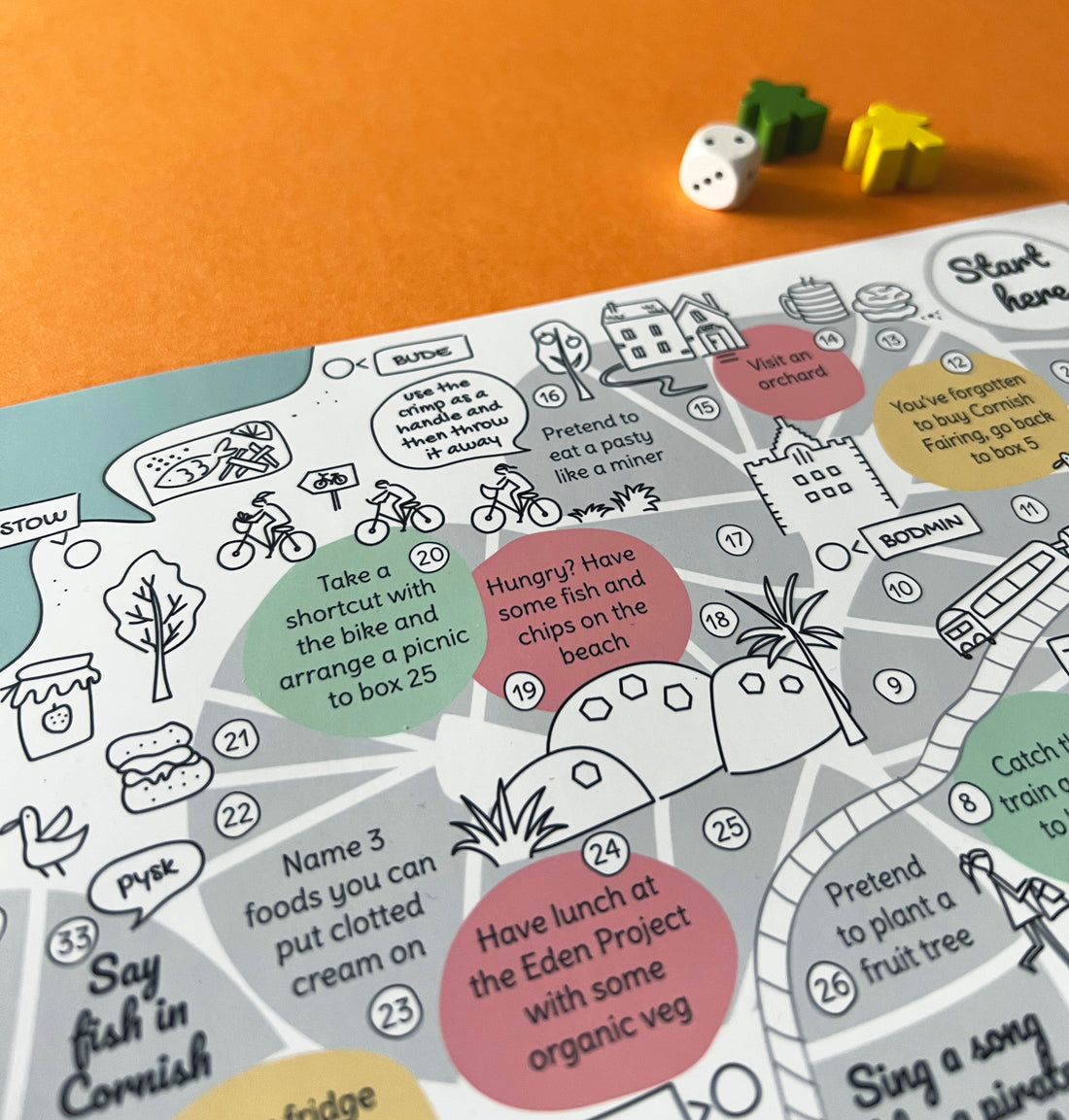 Detail of Cornwall Food Edition board game map with wooden dice and markers. Illustration of Eden Project, Padstow, Bodmin jail, Scone, fish and chips.