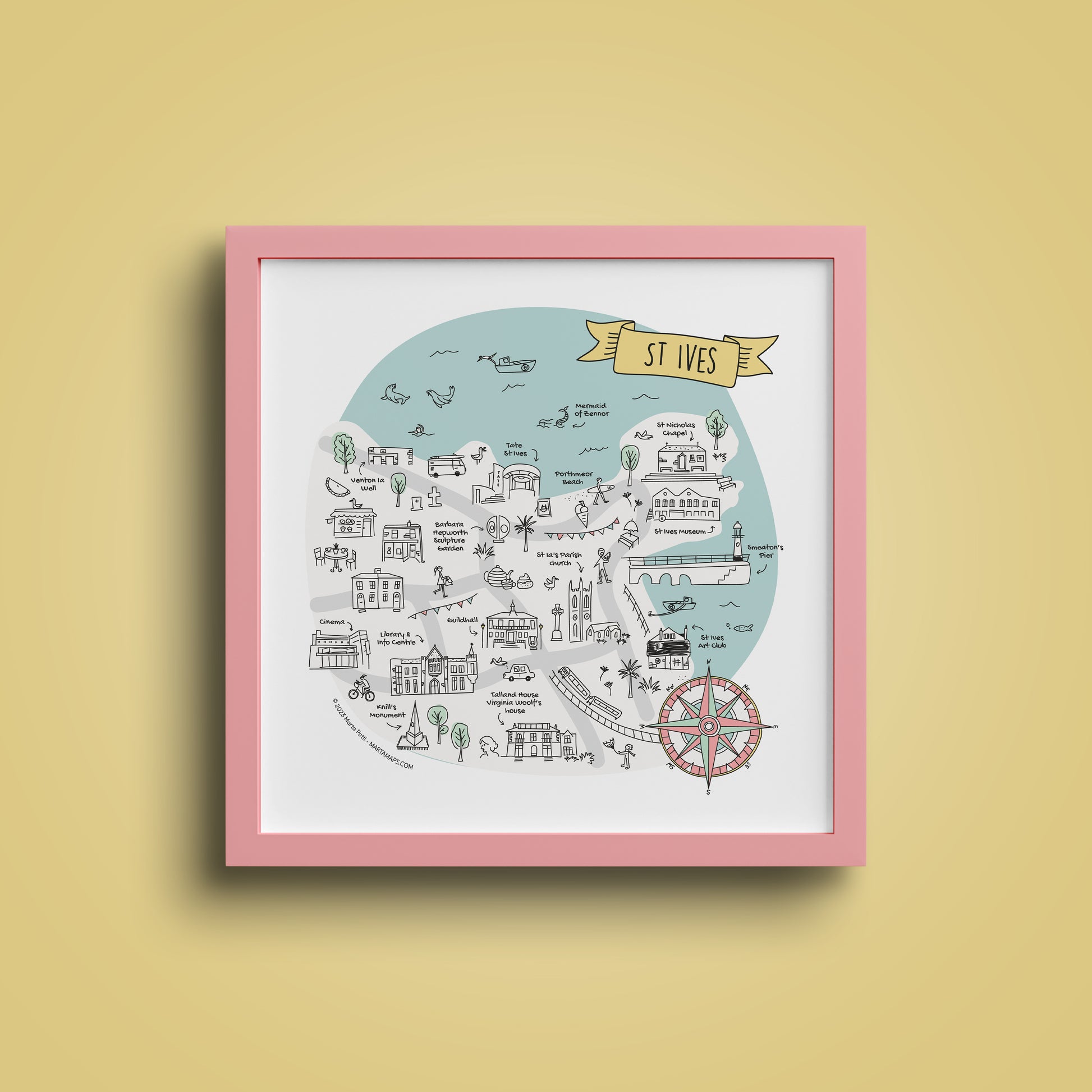 St Ives Cornwall map print in pink frame
