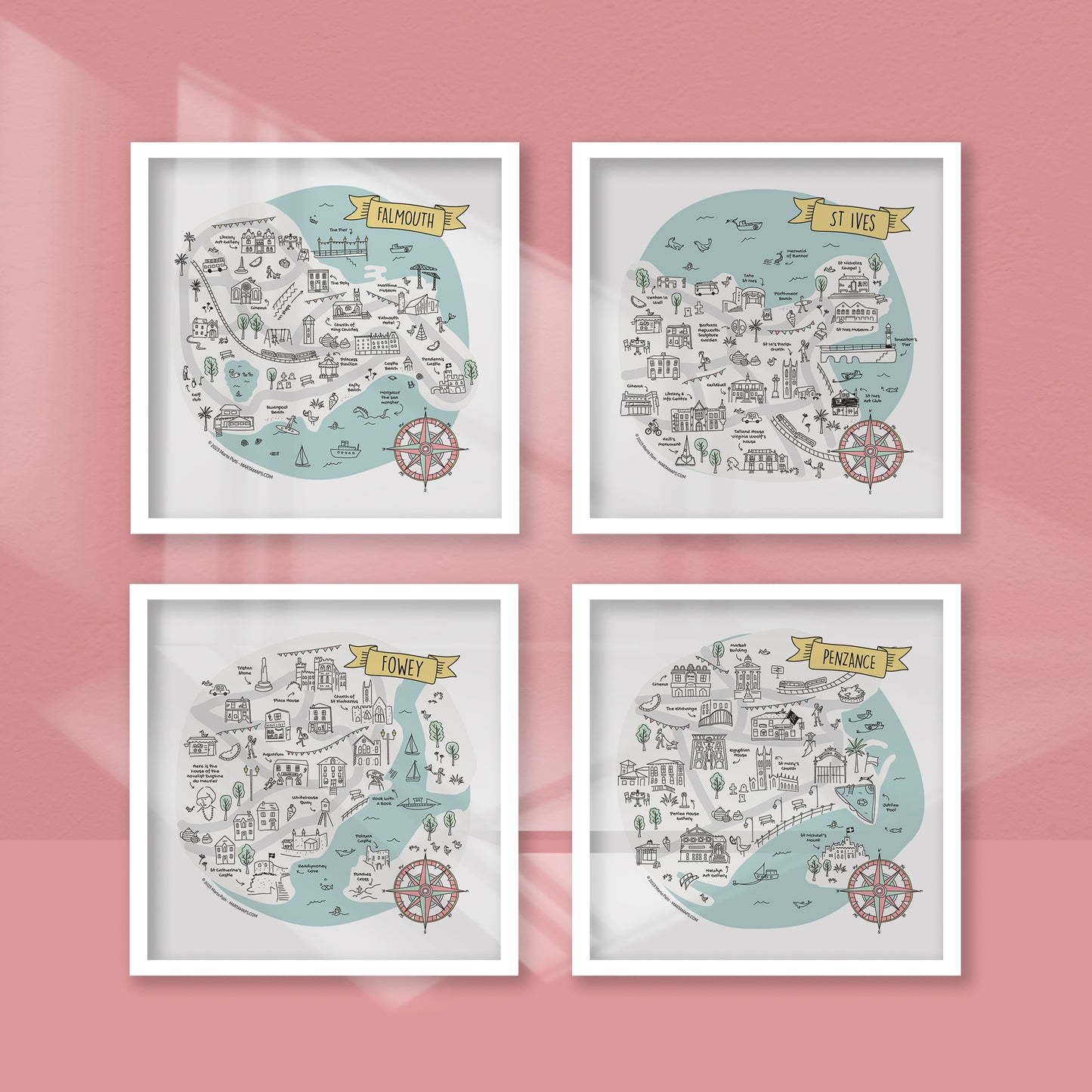 Cornish maps print in white frames, Falmouth, Penzance, St Ives, Fowey.