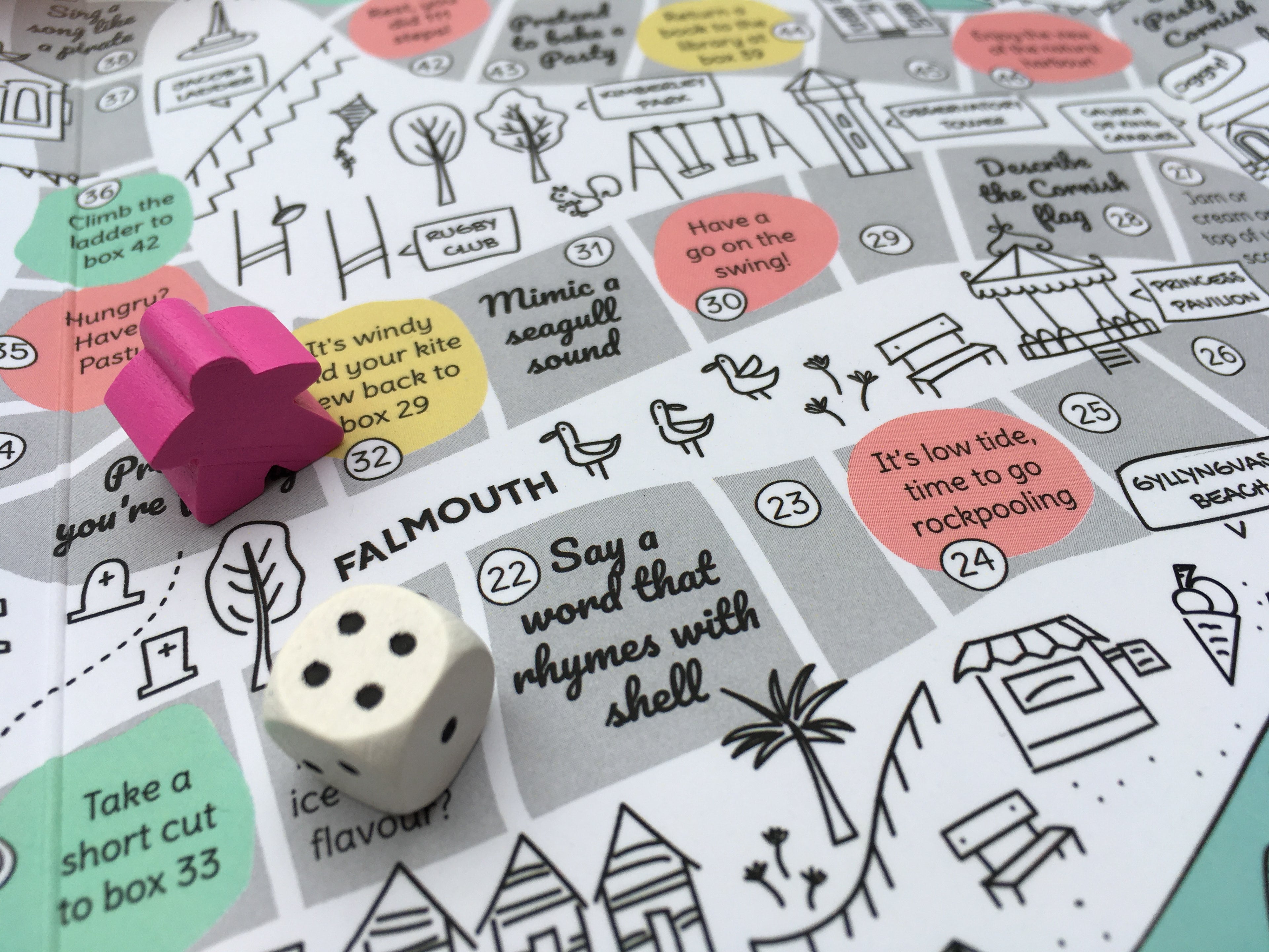 Cornish board game based on the map of Falmouth with wooden dice and marker.