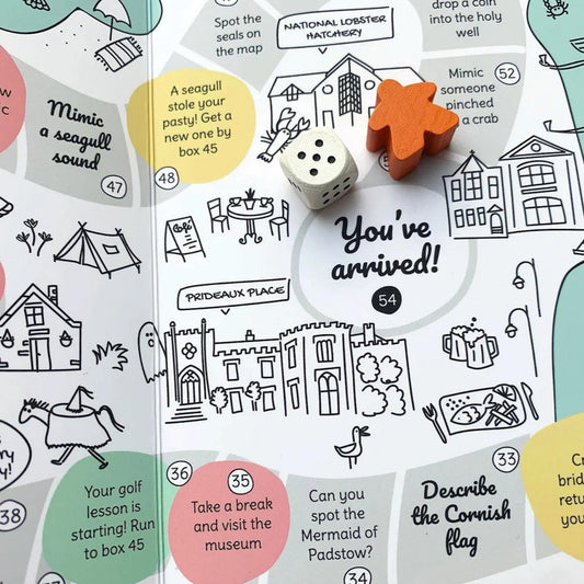 Padstow board game with wooden dice and markers. Prideaux Place